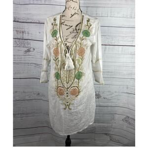 Solitaire Embroidered Tunic Top Womens S Tassel V Neck Cotton 3/4 Sleeve Boho